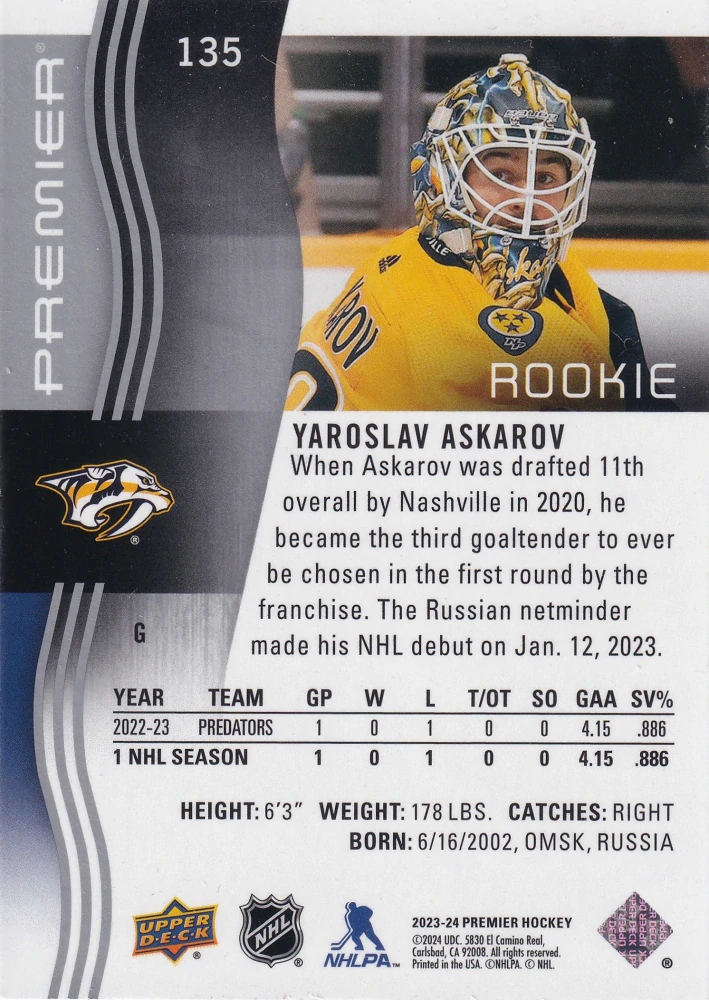 2023-24 UD Premier - Yarosla Askarov - Premier Rookie /399 #135