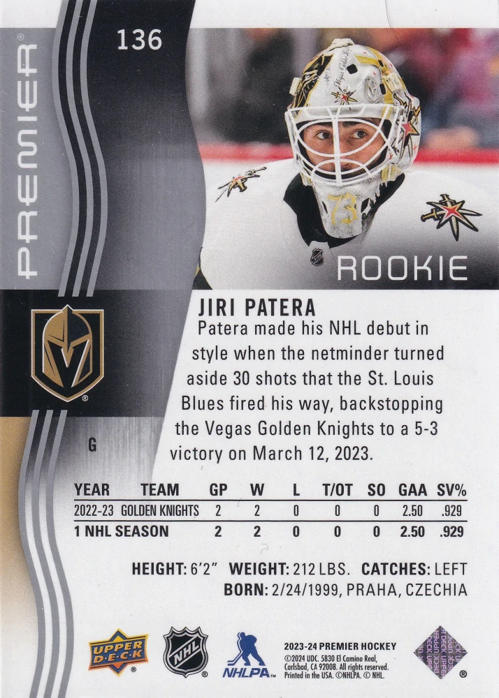 2023-24 UD Premier - Jiří Patera - Premier Rookie /399 #136
