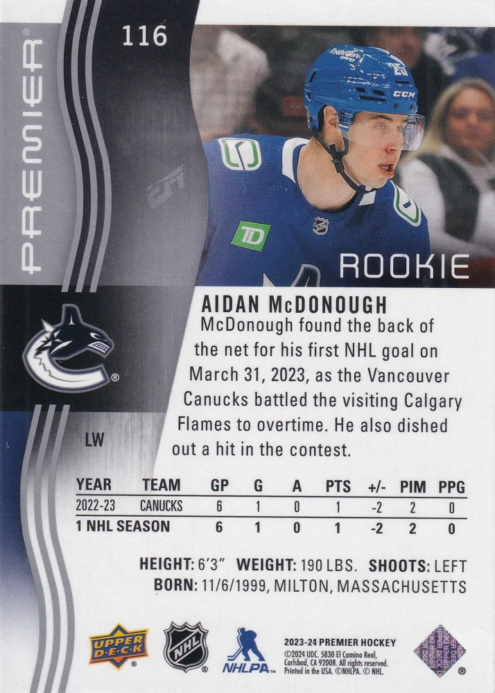 2023-24 UD Premier - Aidan McDonough - Premier Rookie /399 #116