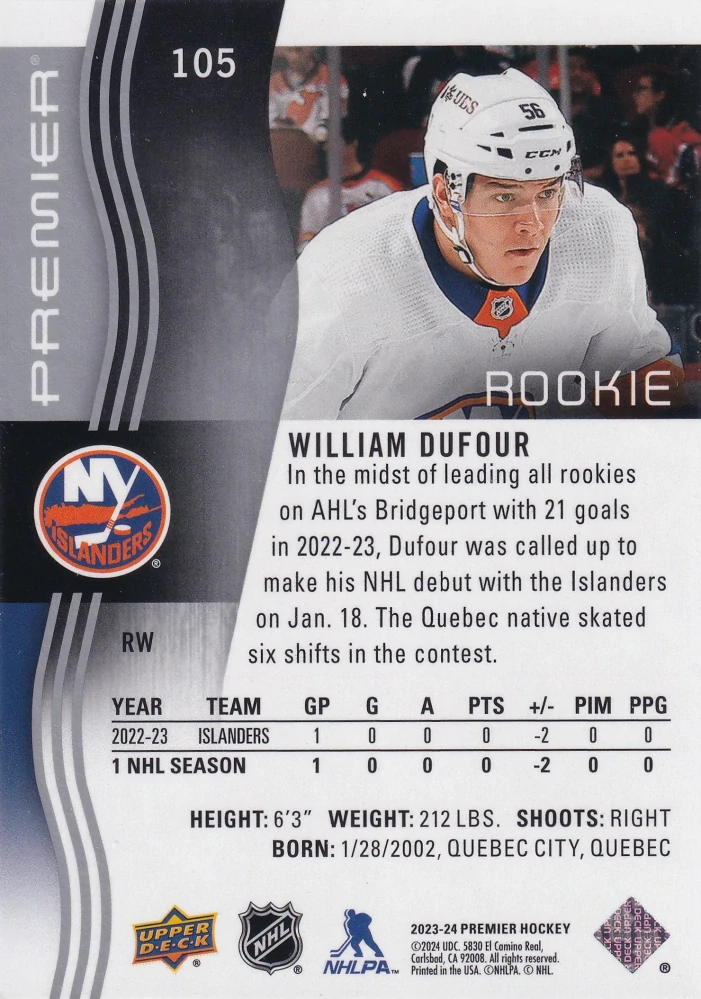 2023-24 UD Premier - William Dufour - Premier Rookie /399 #105