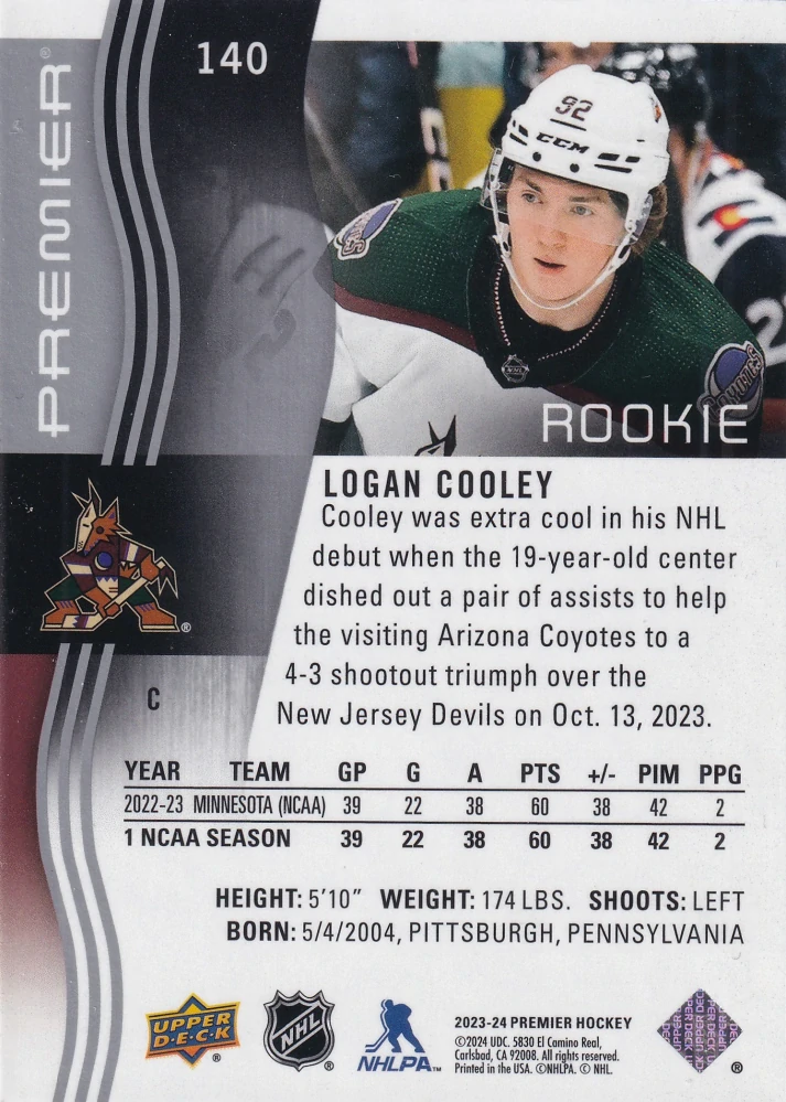 2023-24 UD Premier - Logan Cooley - Premier Rookie /399 #140