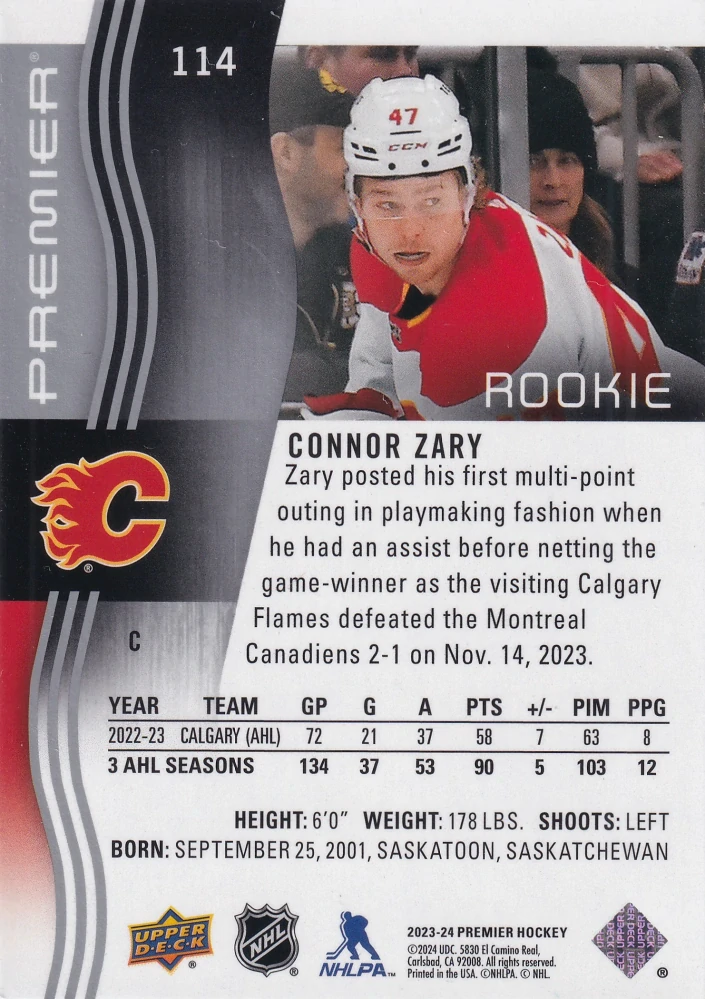 2023-24 UD Premier - Connor Zary - Premier Rookie /399 #114