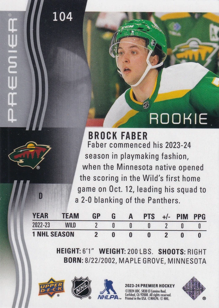 2023-24 UD Premier - Brock Faber - Premier Rookie /399 #104