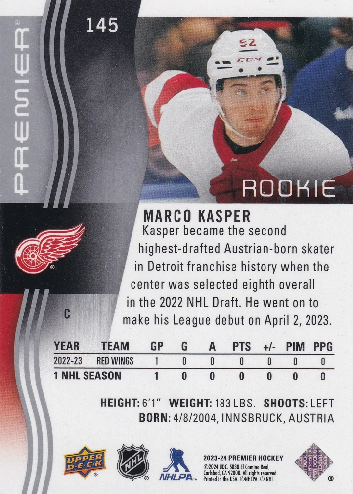2023-24 UD Premier - Marco Kasper - Premier Rookie /399 #145