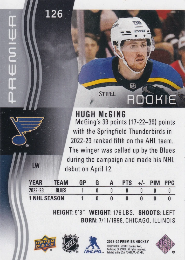 2023-24 UD Premier - Hugh McGing - Premier Rookie /399 #126