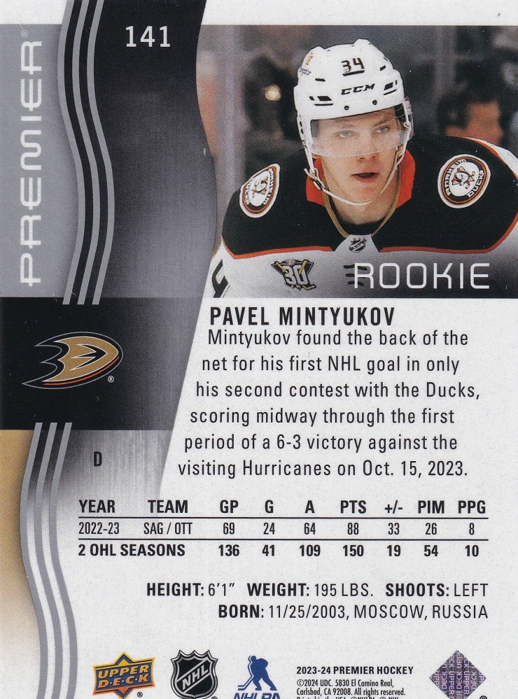 2023-24 UD Premier - Pavel Mintyukov - Premier Rookie /399 #141