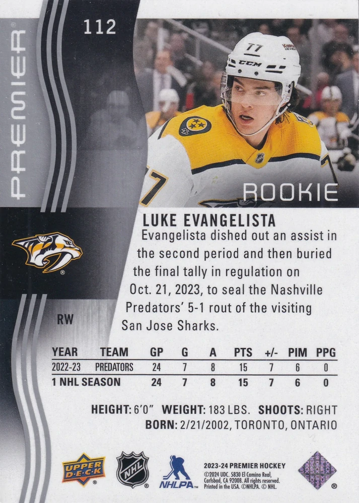 2023-24 UD Premier - Luke Evangelista - Premier Rookie /399 #112