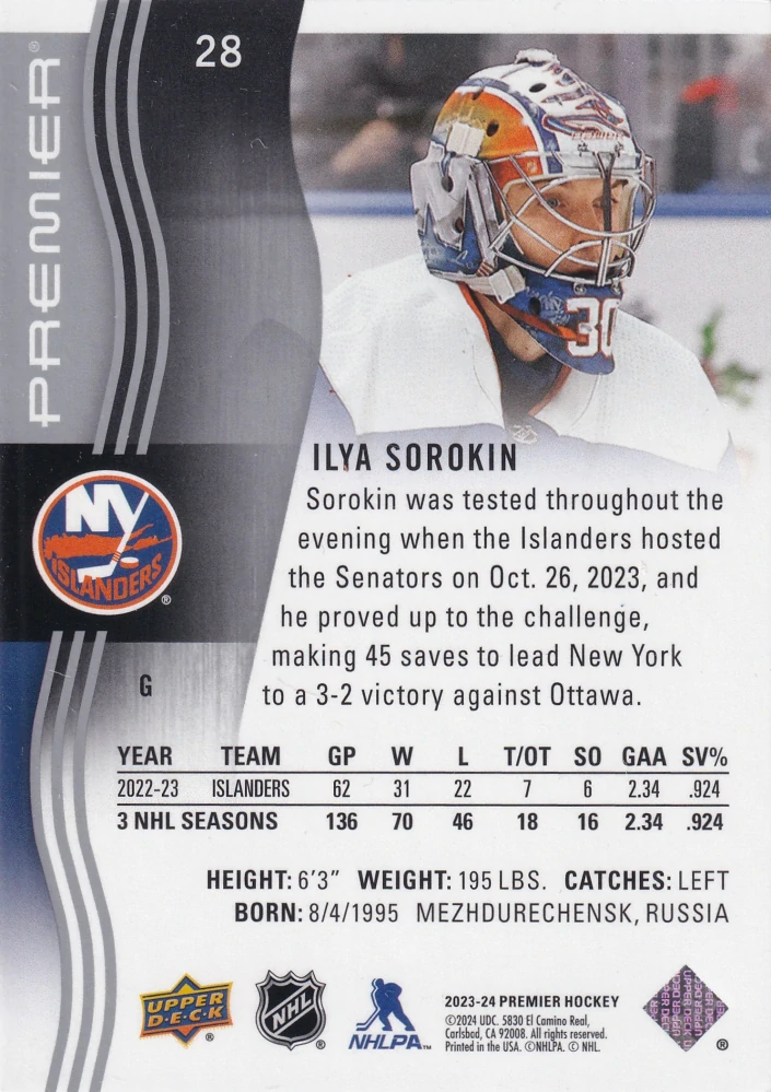2023-24 UD Premier - Ilya Sorokin /299 #28