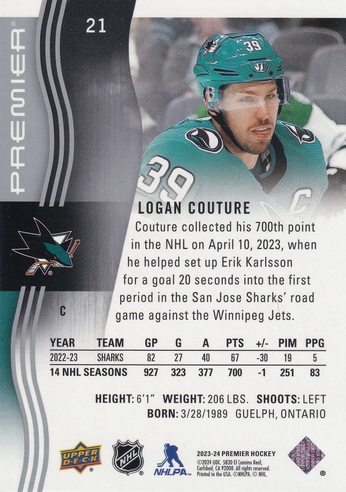 2023-24 UD Premier - Logan Couture /299 #21