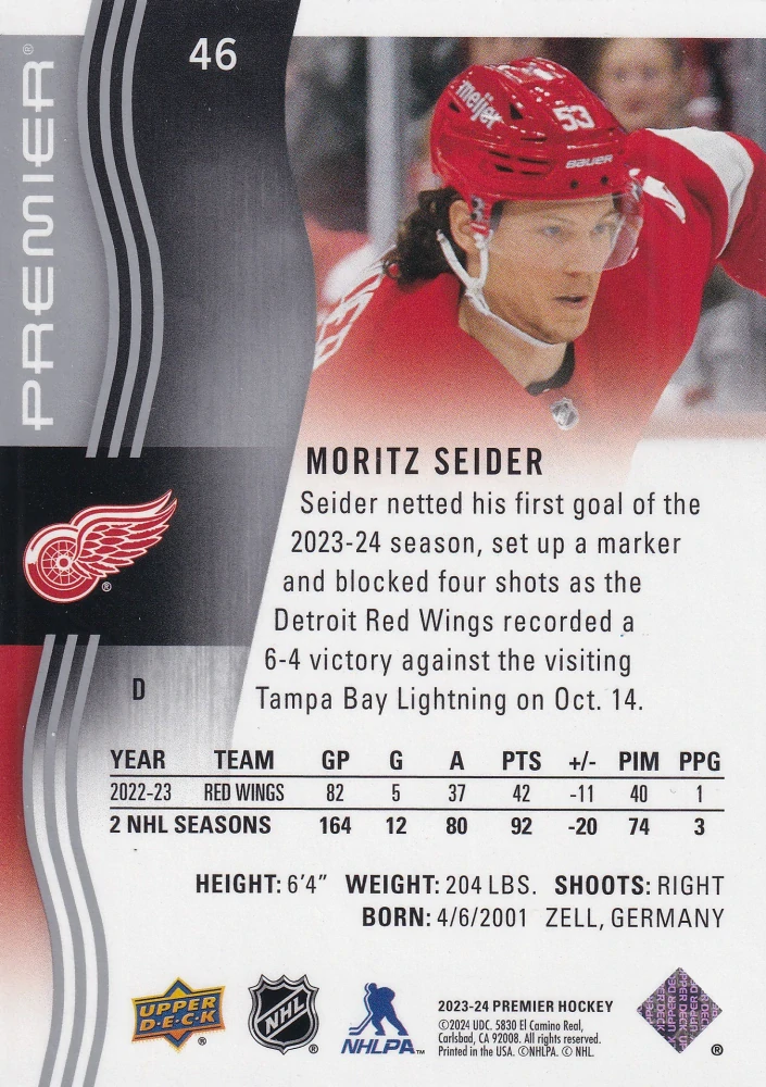 2023-24 UD Premier - Moritz Seider /299 #46