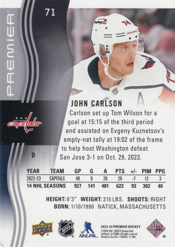 2023-24 UD Premier - John Carlson /299 #71