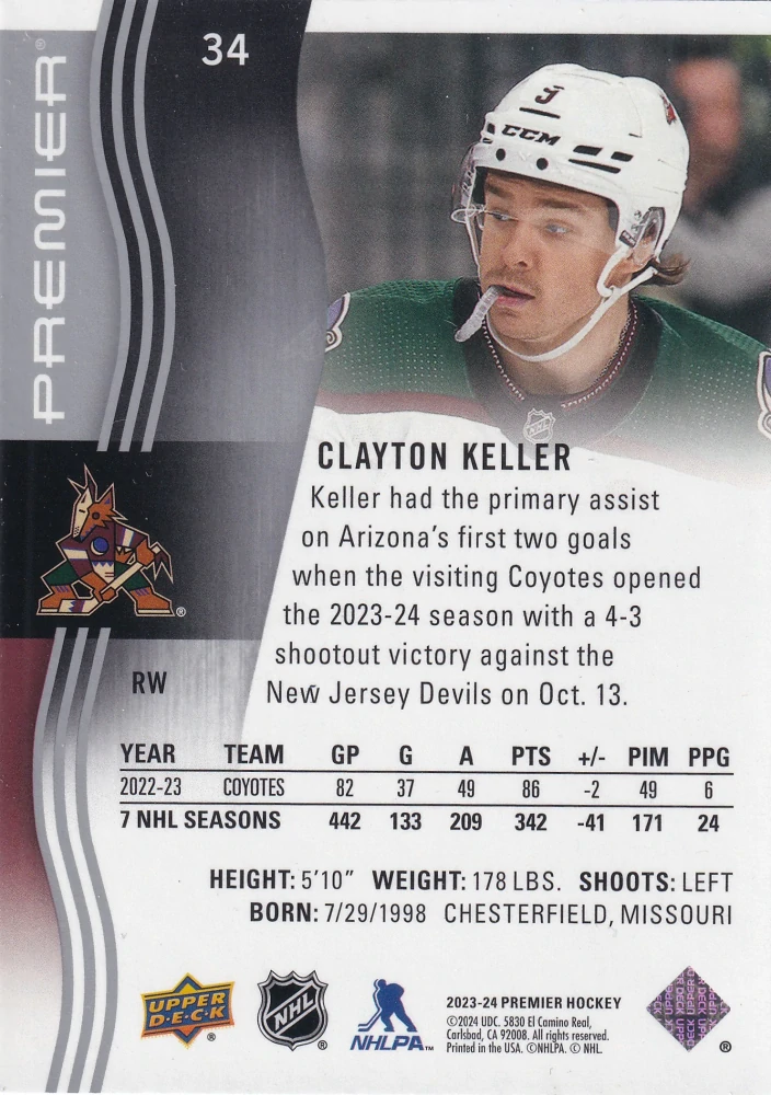 2023-24 UD Premier - Clayton Keller /299 #34