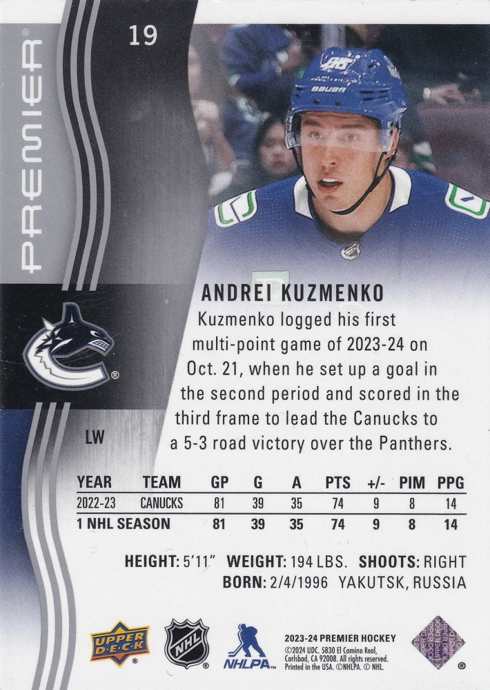 2023-24 UD Premier - Andrei Kuzmenko /299 #19