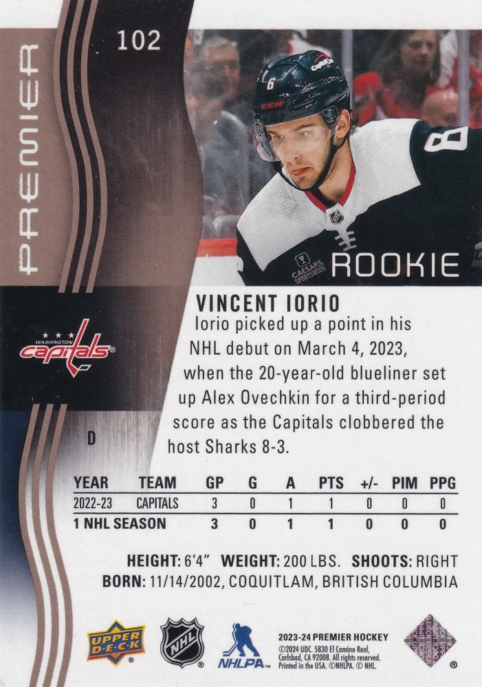 2023-24 UD Premier - Vincent Iorio - Premier Rookie - Bronze /199 #102