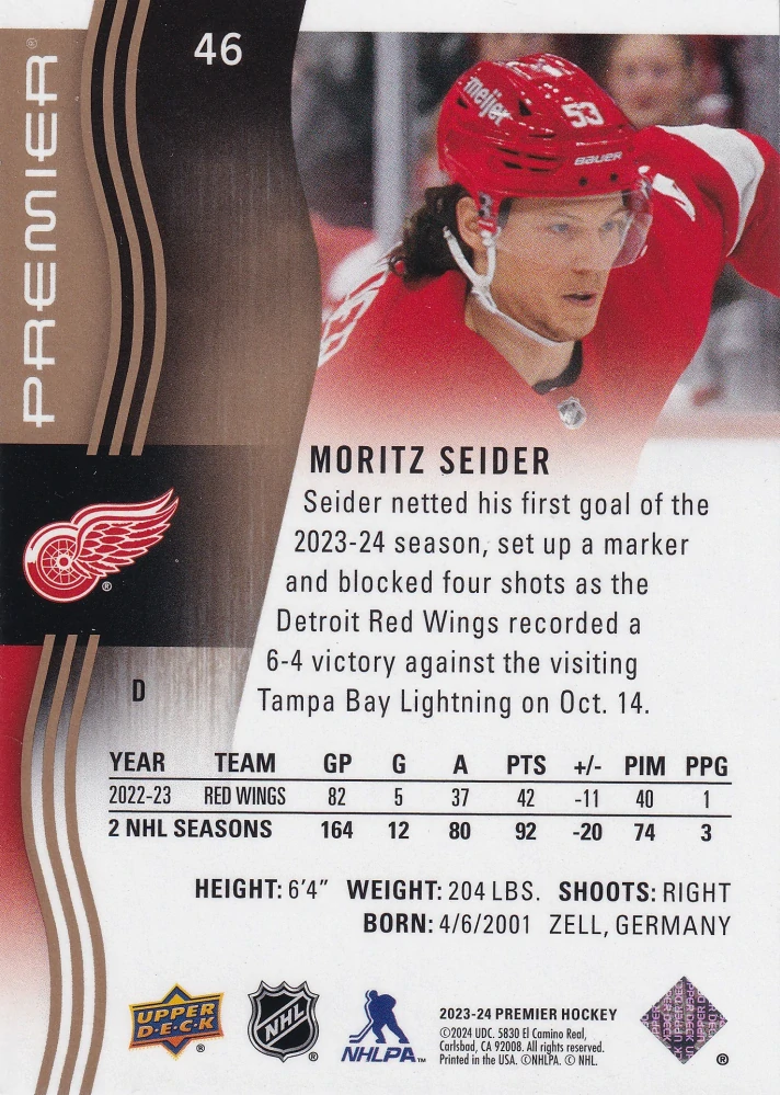 2023-24 UD Premier - Moritz Seider - Gold /65 #46