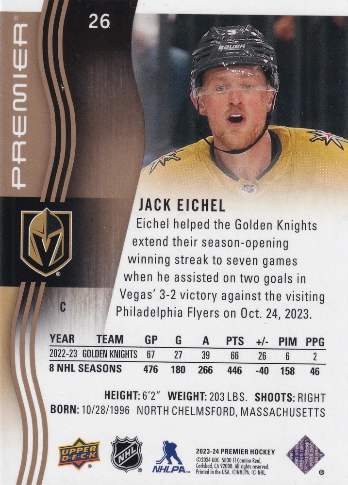 2023-24 UD Premier - Jack Eichel - Gold /65 #26