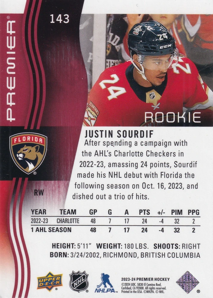 2023-24 UD Premier - Justin Sourdif - Premier Rookie - Ruby /49 #143