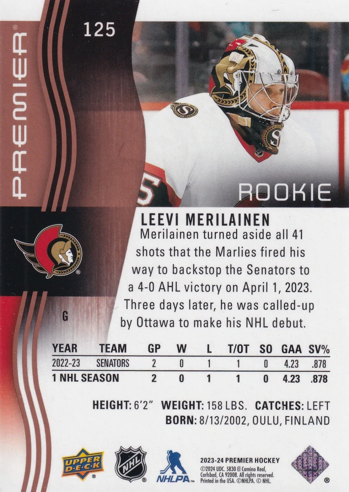 2023-24 UD Premier - Leevi Merilainen - Premier Rookie - Rose Gold /25 #125