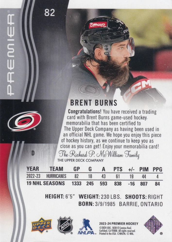 2023-24 UD Premier - Brent Burns - Jersey #82