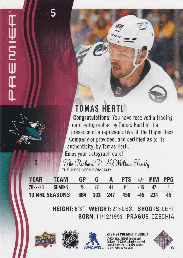 2023-24 UD Premier - Tomáš Hertl - Autograph #5
