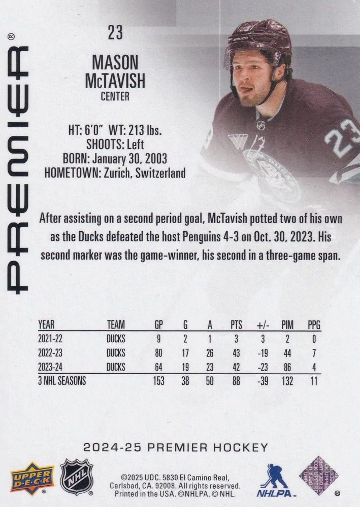 2024-25 UD Premier - Mason McTavish /299 #23