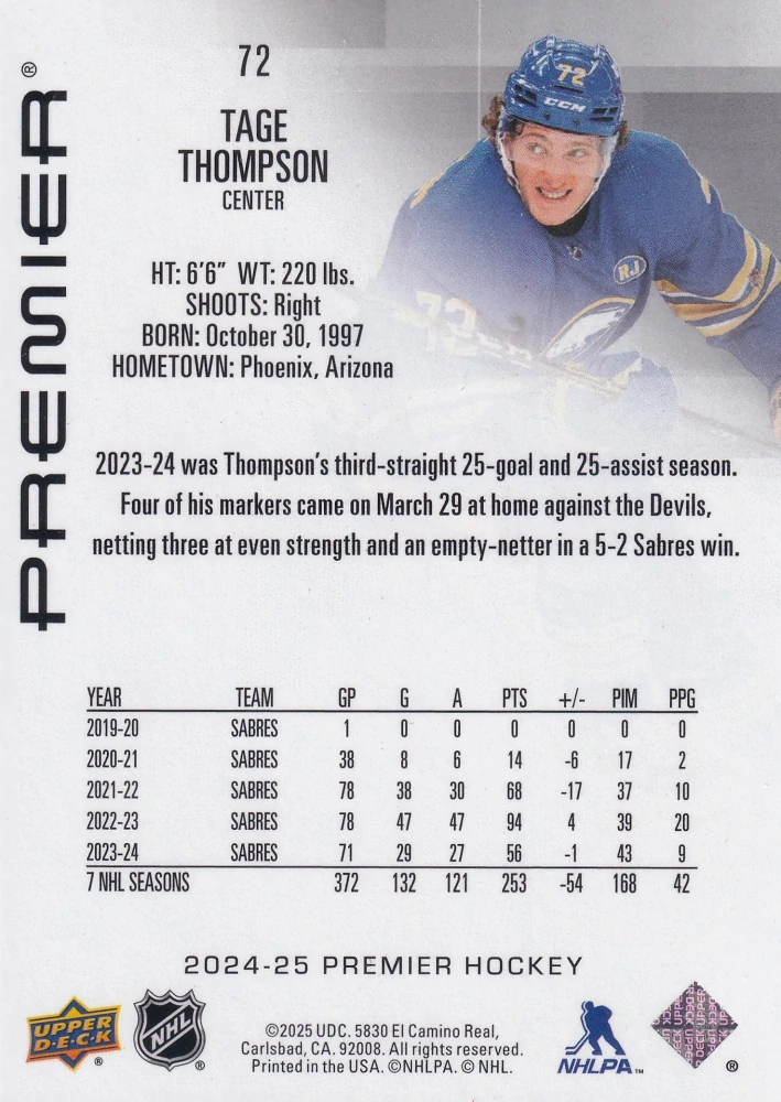 2024-25 UD Premier - Tage Thompson /299 #72