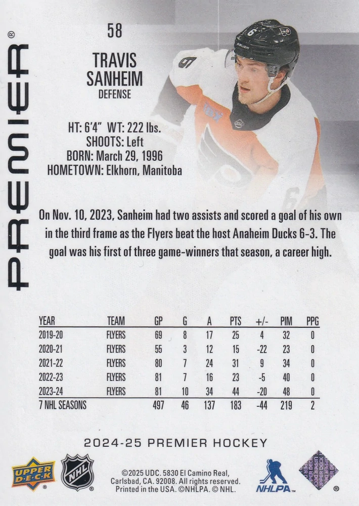 2024-25 UD Premier - Travis Sanheim /299 #58