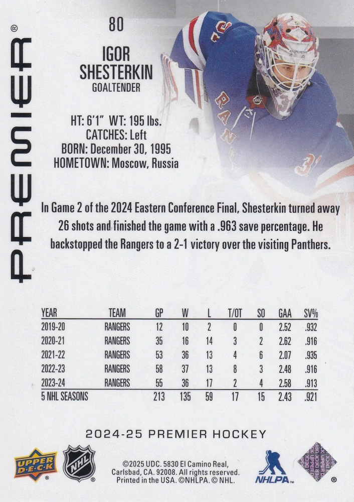 2024-25 UD Premier - Igor Shesterkin /299 #80