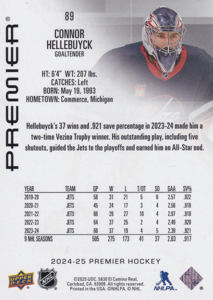 2024-25 UD Premier - Connor Hellebuyck /299 #89