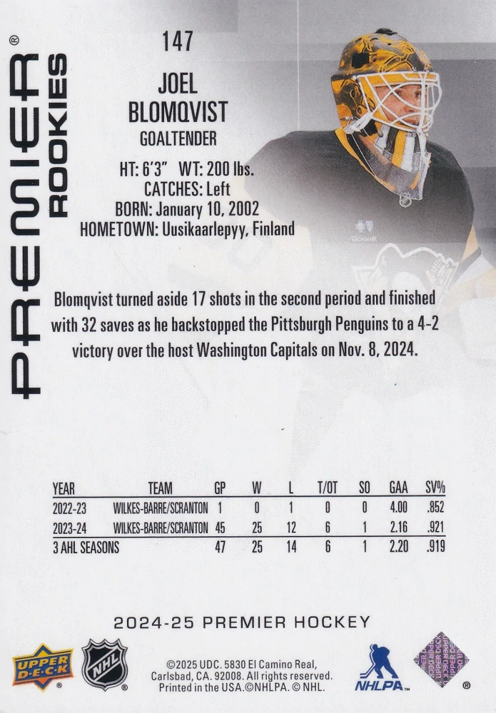 2024-25 UD Premier - Joel Blomqvist - Premier Rookies /399 #147