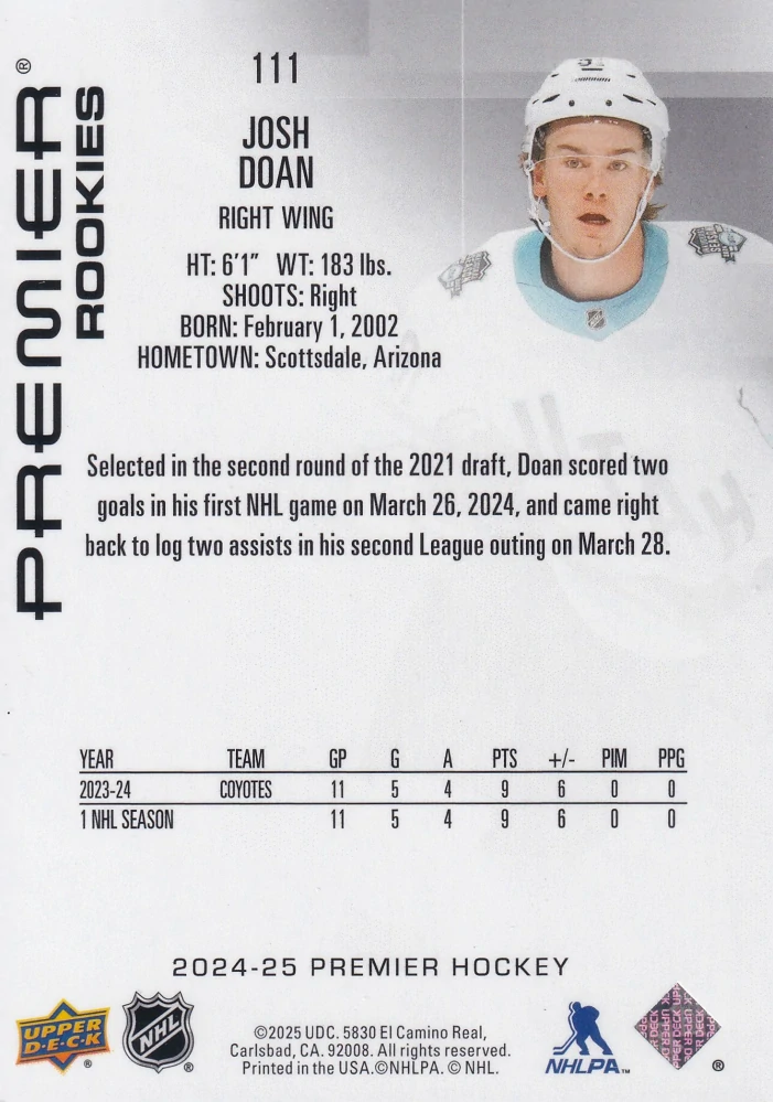 2024-25 UD Premier - Josh Doan - Premier Rookies /399 #111