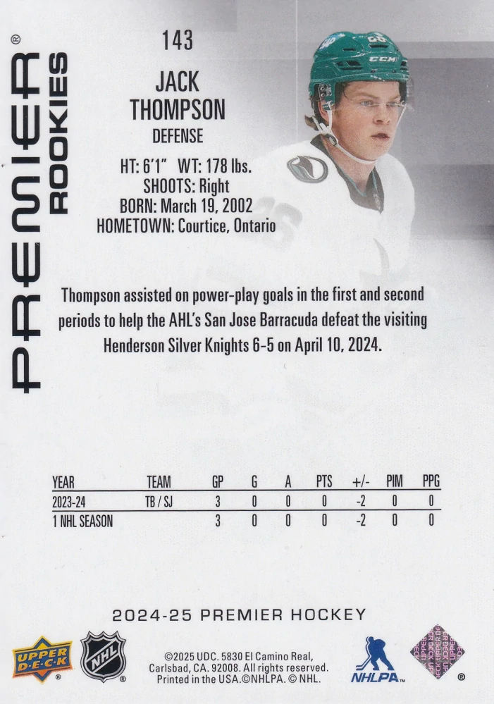2024-25 UD Premier - Jack Thompson - Premier Rookies /399 #143