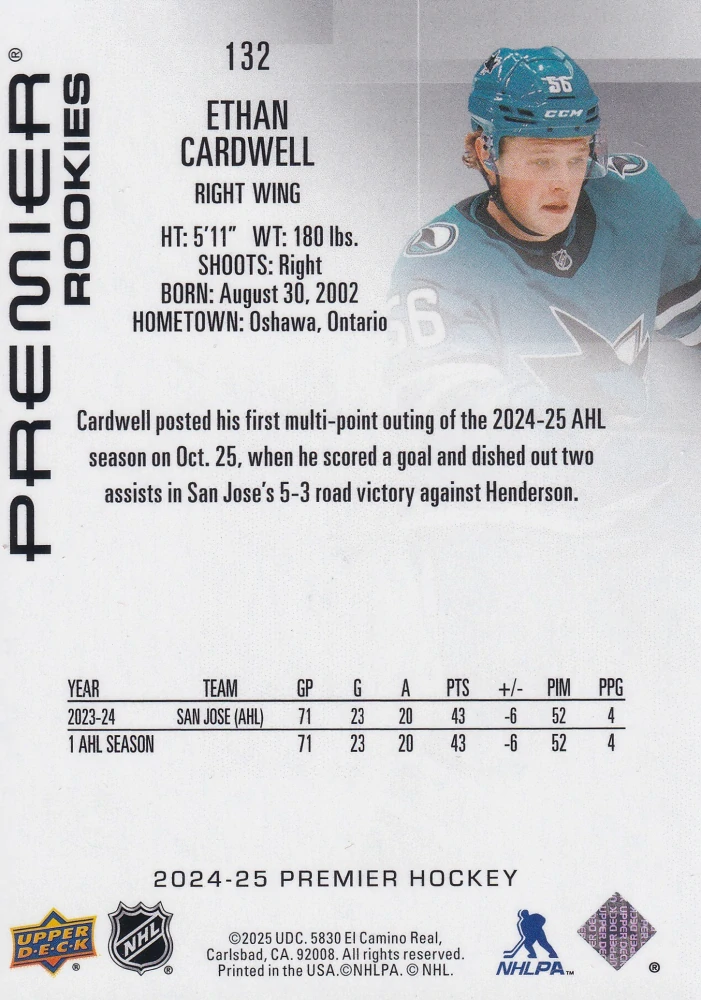 2024-25 UD Premier - Ethan Cardwell - Premier Rookies /399 #132