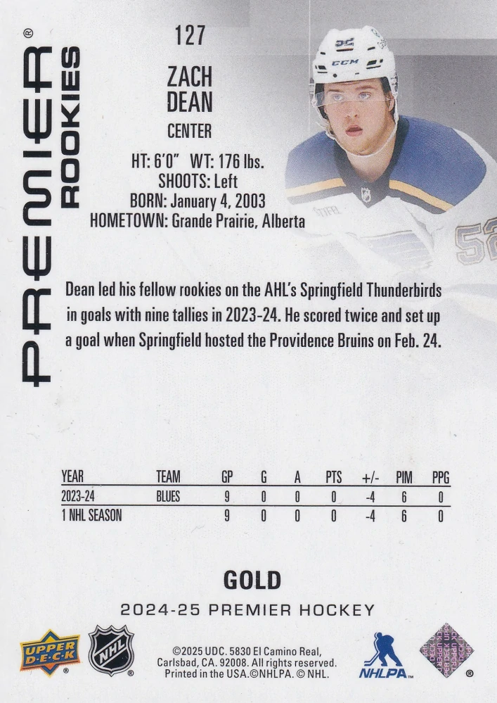 2024-25 UD Premier - Zach Dean - Premier Rookies - Gold /199 #127