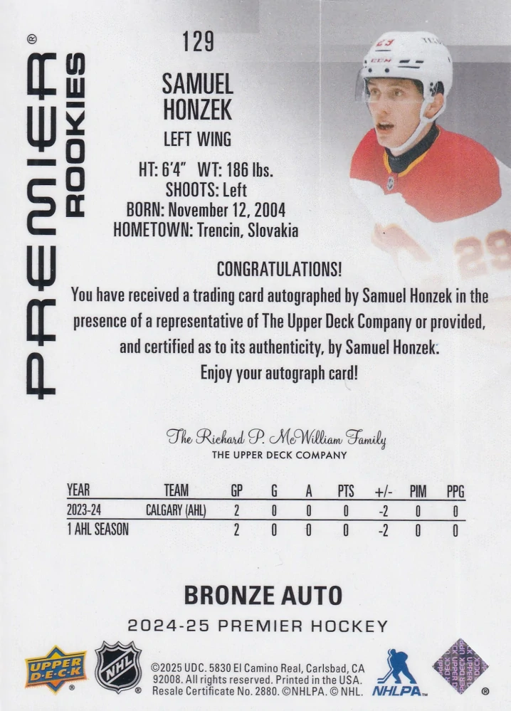 2024-25 UD Premier - Samuel Honzek - Premier Rookies - Bronze Auto #129