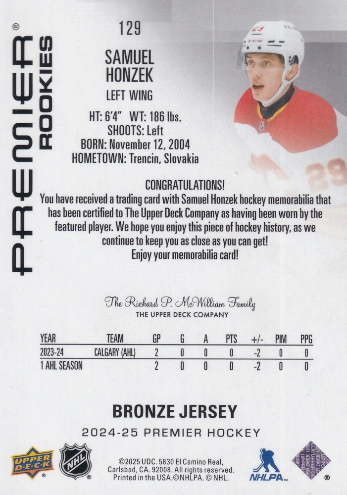 2024-25 UD Premier - Samuel Honzek - Premier Rookies - Bronze Jersey #129