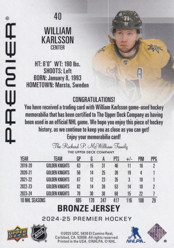 2024-25 UD Premier - William Karlsson - Bronze Jersey #40