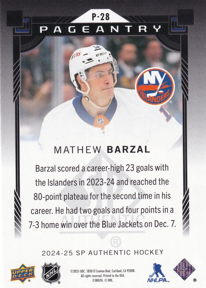 2024-25 UD SP Authentic - Mathew Barzal - Pageantry #P-28