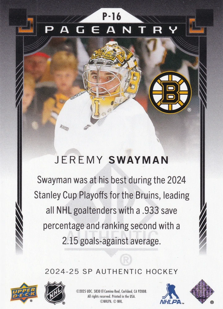 2024-25 UD SP Authentic - Jeremy Swayman - Pageantry #P-16