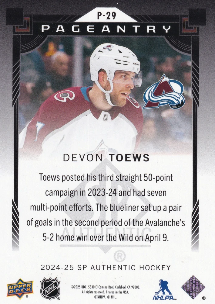 2024-25 UD SP Authentic - Devon Toews - Pageantry #P-29