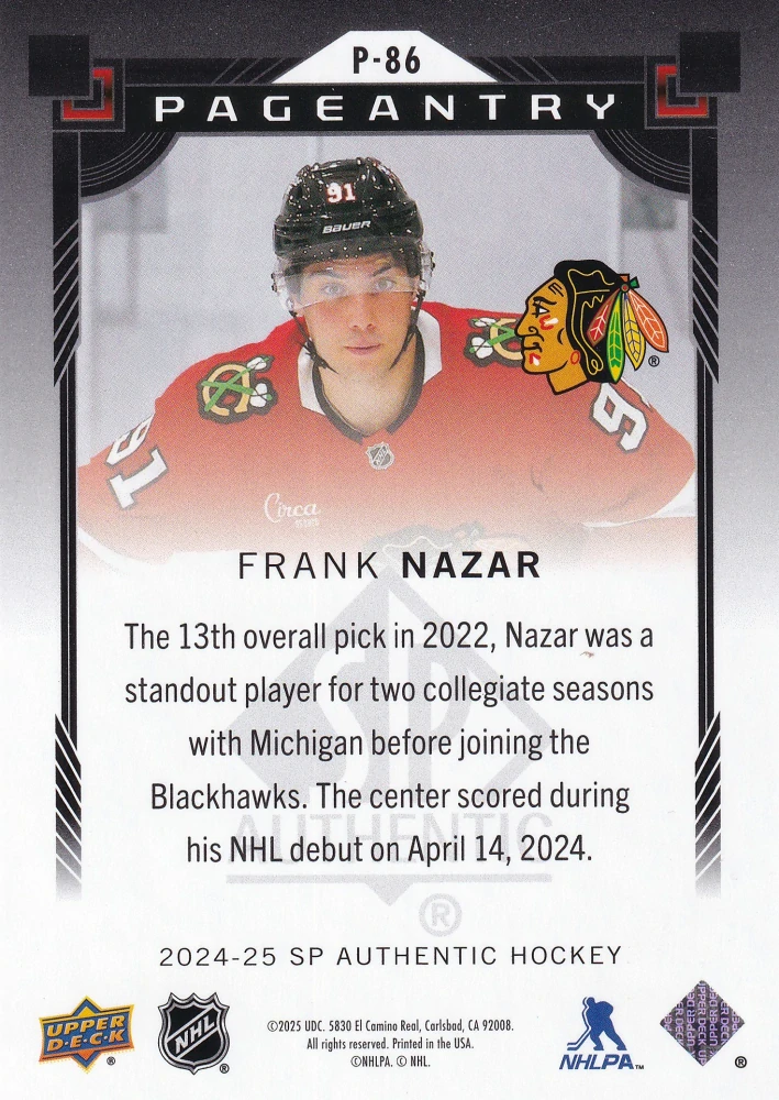 2024-25 UD SP Authentic - Frank Nazar - Pageantry Red #P-86