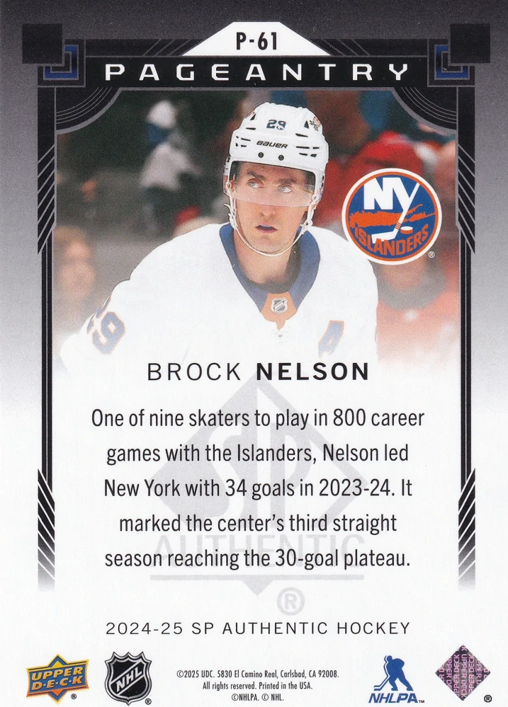 2024-25 UD SP Authentic - Brock Nelson - Pageantry Red #P-61