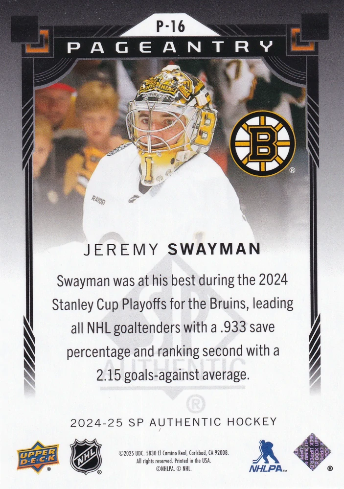 2024-25 UD SP Authentic - Jeremy Swayman - Pageantry Red #P-16