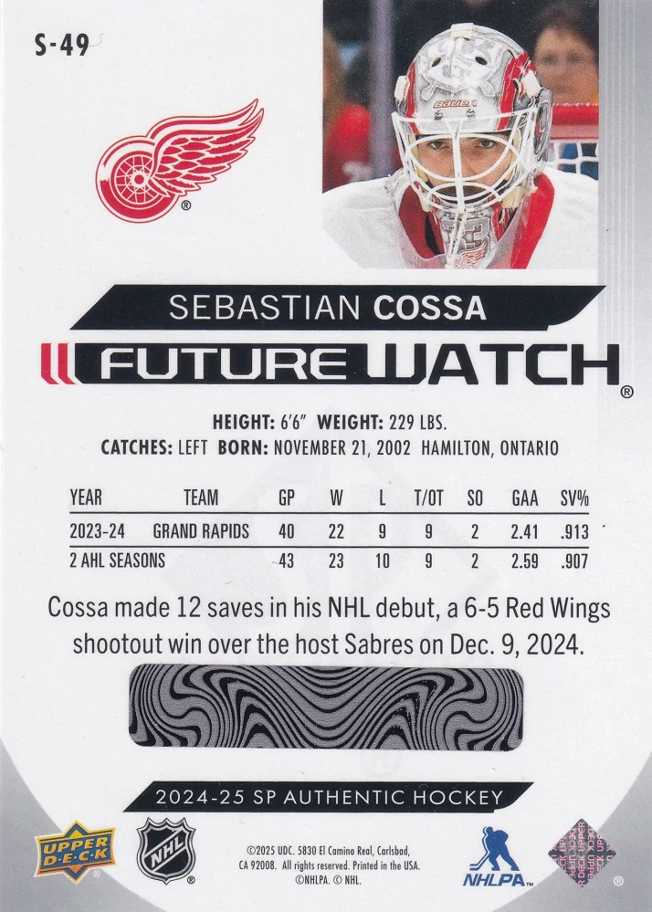 2024-25 UD SP Authentic - Sebastian Cossa - Future Watch Spectrum FX #S-49