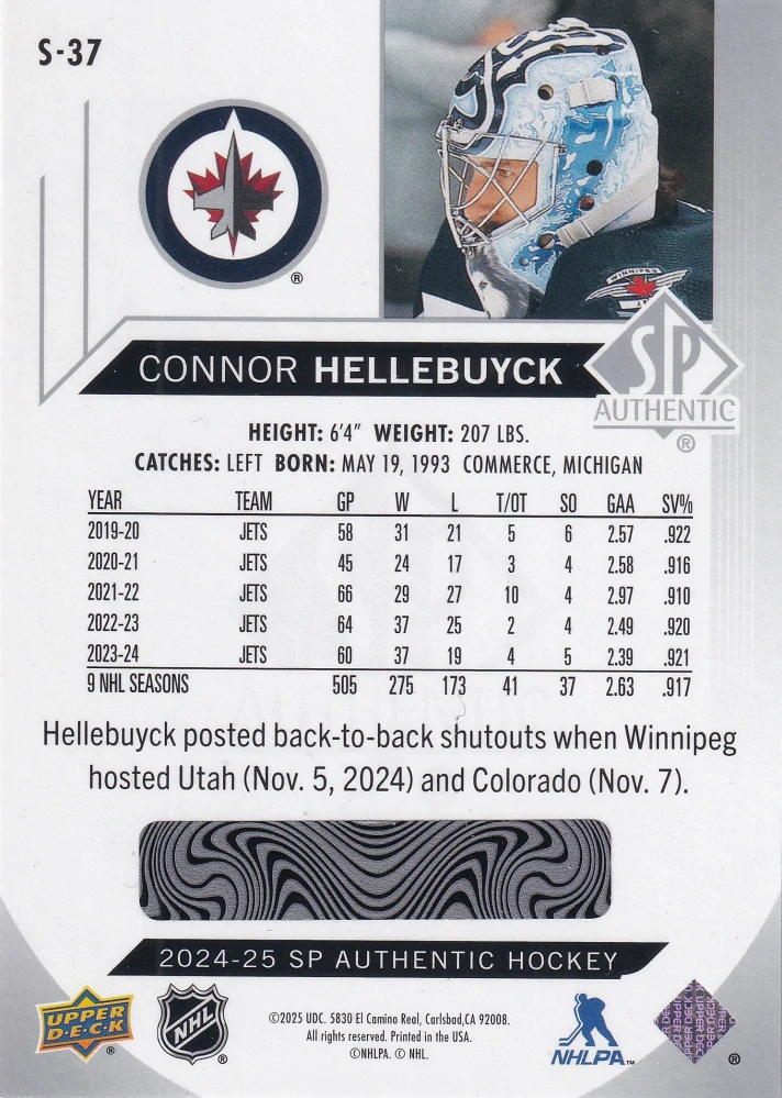 2024-25 UD SP Authentic - Connor Hellebuyck - Spectrum FX #S-37