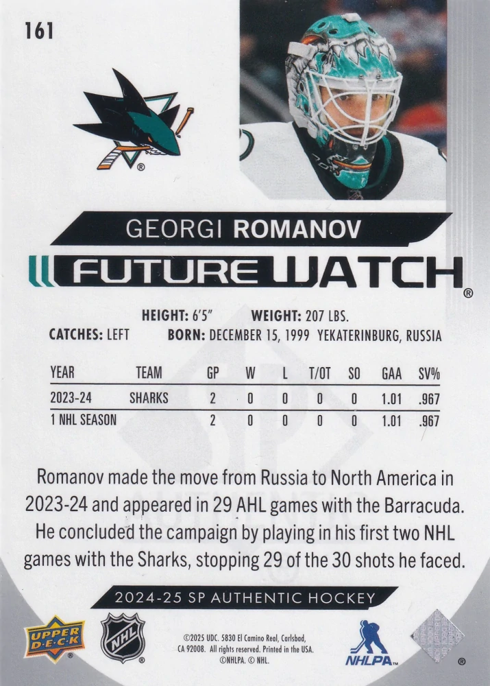 2024-25 UD SP Authentic - Georgi Romanov - Future Watch /999 #161