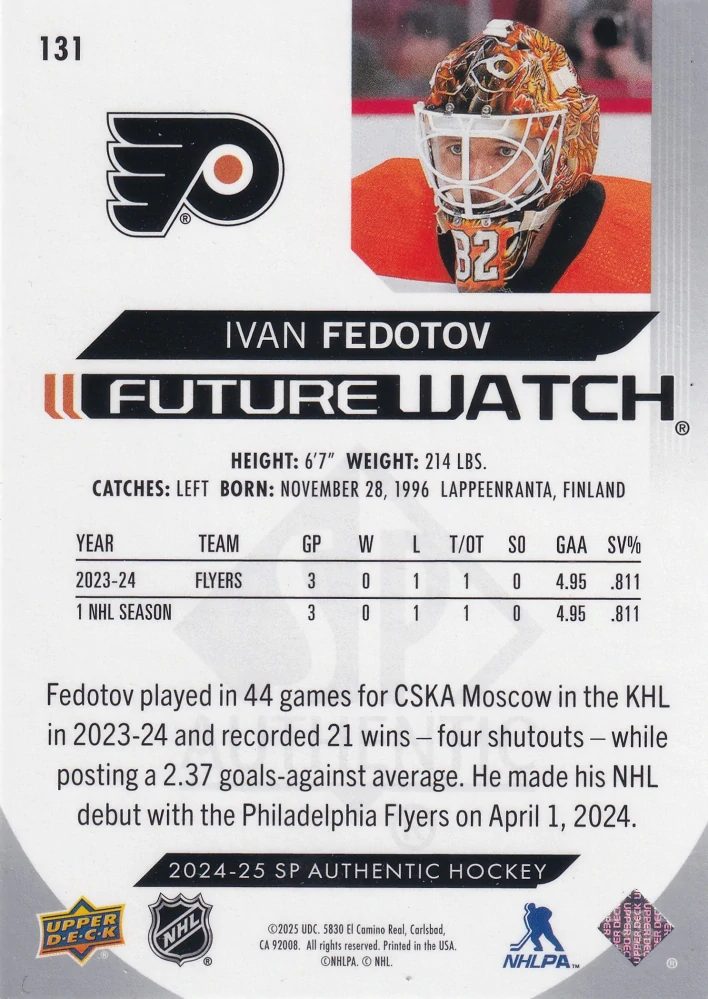 2024-25 UD SP Authentic - Ivan Fedotov - Future Watch /999 #131