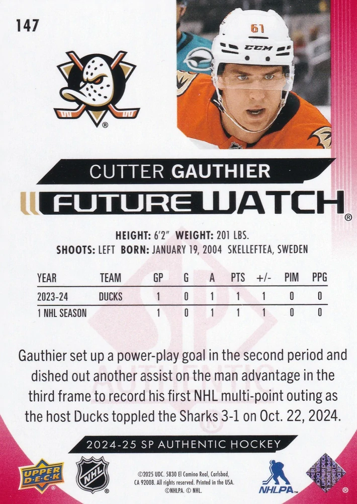 2024-25 UD SP Authentic - Cutter Gauthier - Future Watch Limited Red #147