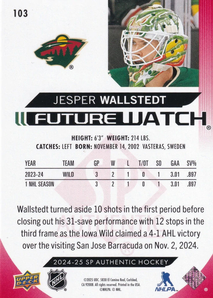 2024-25 UD SP Authentic - Jesper Wallstedt - Future Watch Limited Red #103