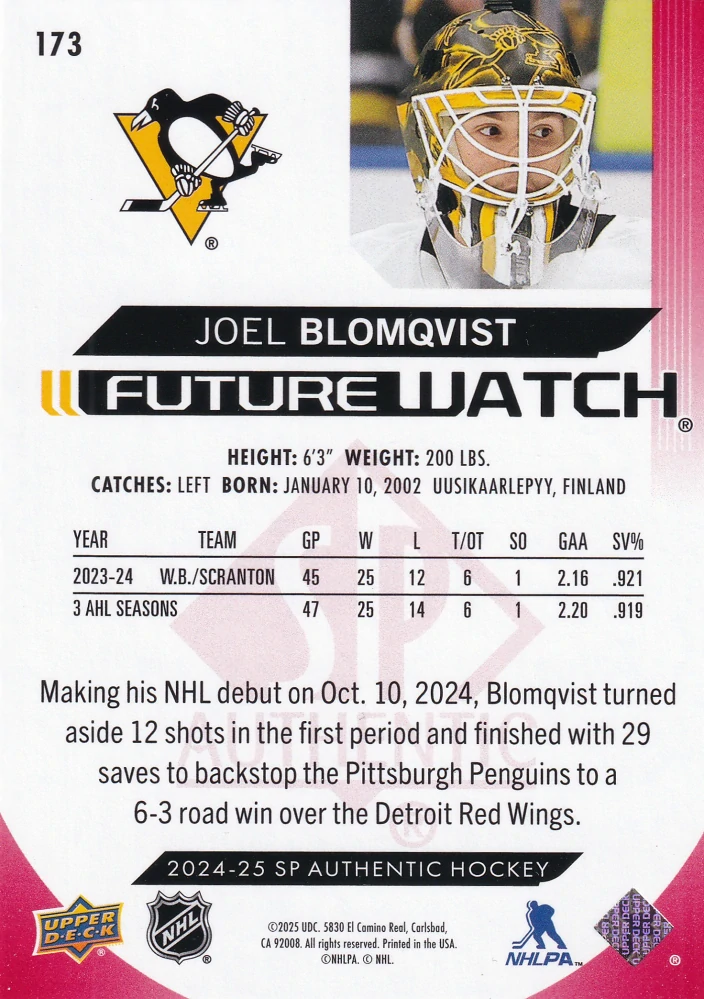 2024-25 UD SP Authentic - Joel Blomqvist - Future Watch Limited Red #173